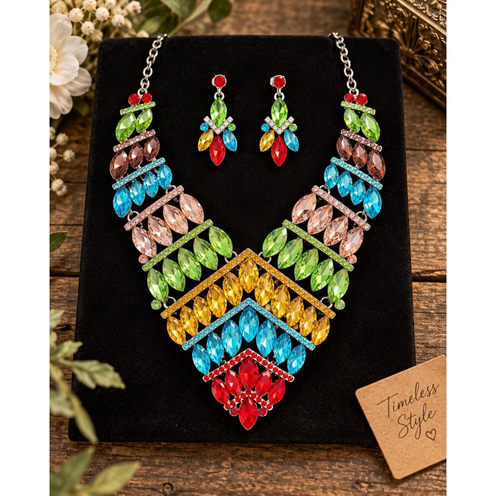 Multicolor Rhinestone Bib Statement Necklace & Earrings Set Rainbow Crystal Glam